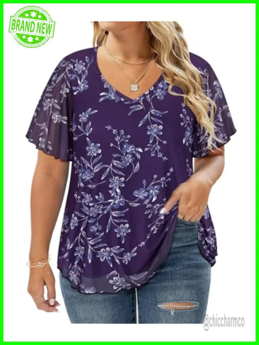 Plus Size Chiffon Blouse Short Sleeve V-Neck Floral Tunic Shirt